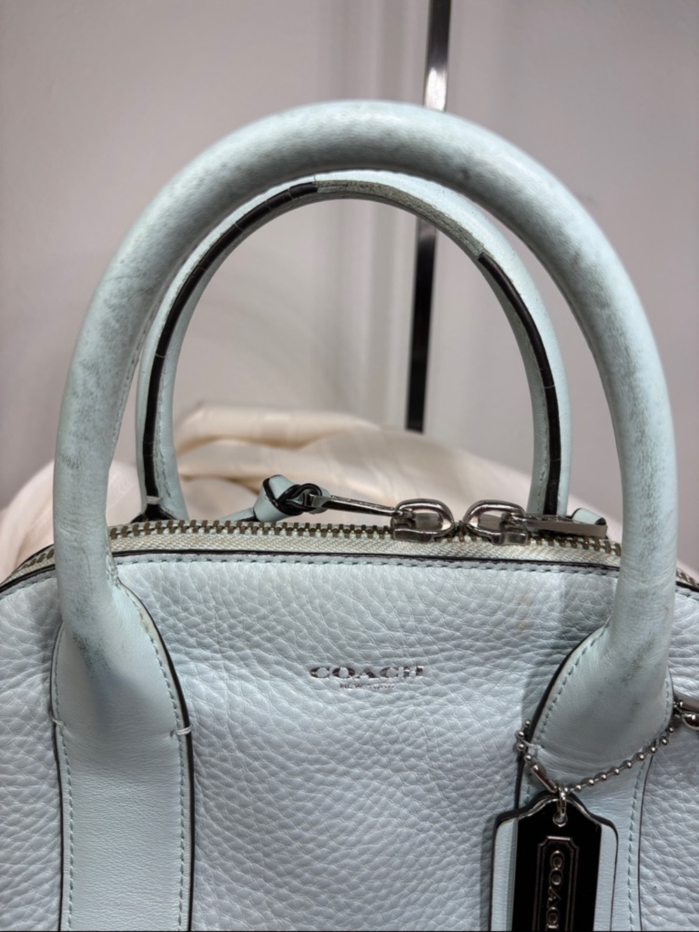 Coach Bleecker Mini Preston Satchel in Sea Mist Pebbled Leather with Strap - Picture 12 of 15